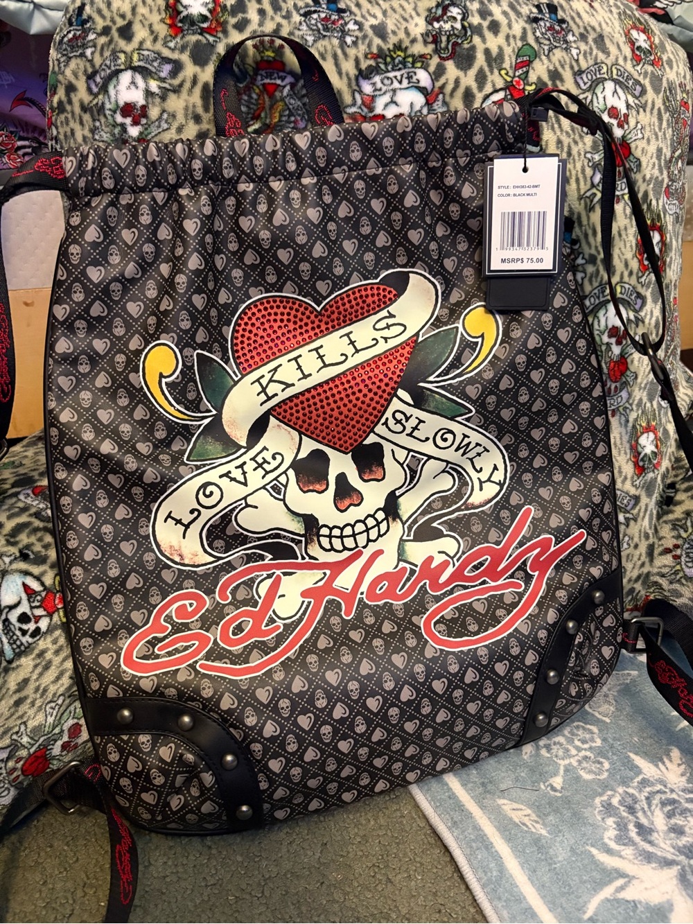 Ed Hardy Black Backpack with Red and Cream Skull Heart Graphic